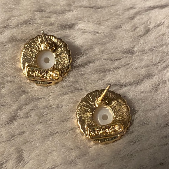 Vintage Monet Earrings Gold tone round with rhinestones surrounding pearl center - Picture 3 of 7